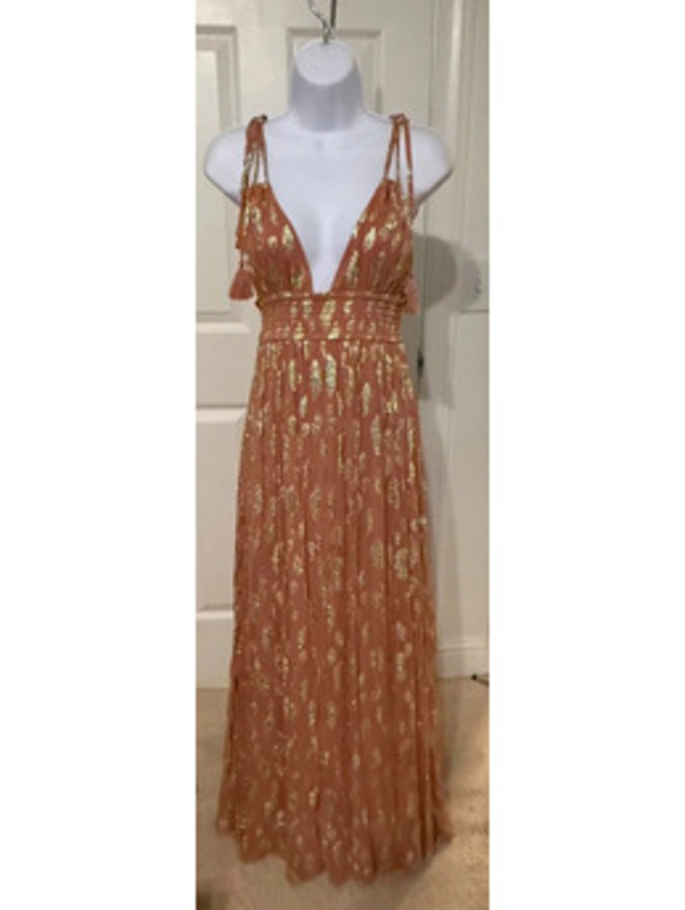 Altar’d State XS Rose Gold Metallic Maxi Dress Boho Tassel Open Back